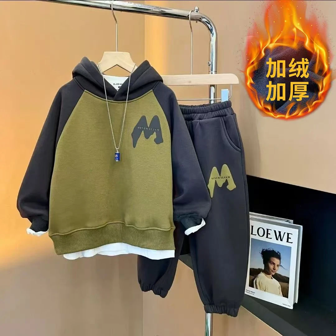儿童加绒加厚运动套装男女童卫衣插肩袖两件套新款冬季套装3398