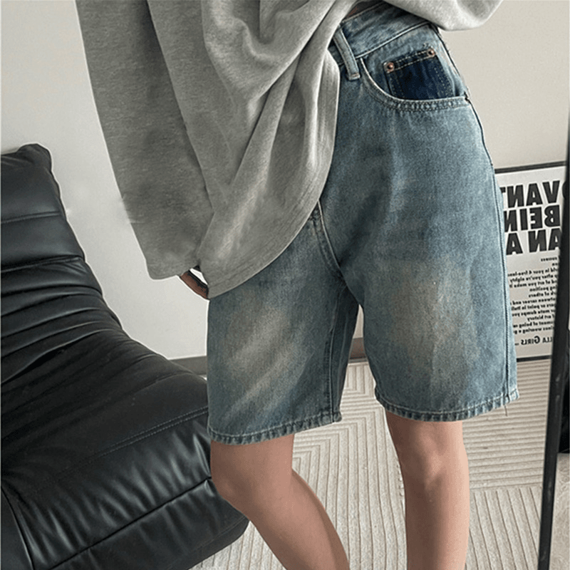 复古蓝高腰牛仔短裤男女夏季直筒五分裤潮流百搭休闲