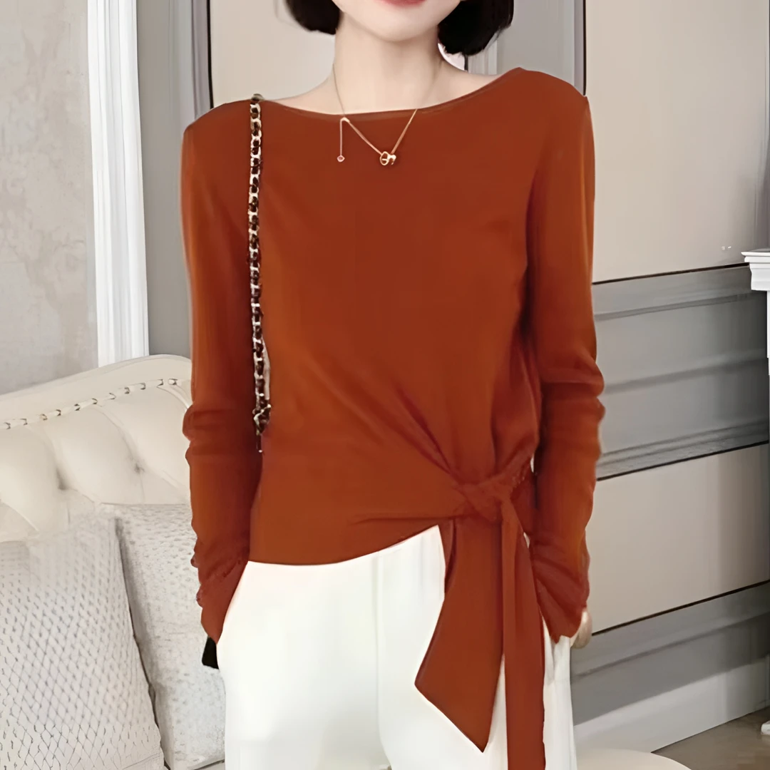 2025秋冬新款一字领不对称绑带上衣女长袖针织衫系带收腰显瘦洋气