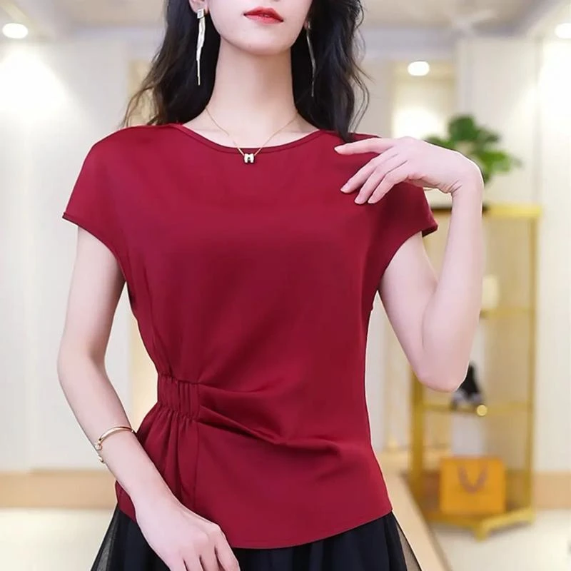 高级感丝滑缎面小衫短袖雪纺衫女夏2023新款修身T恤褶皱收腰上衣