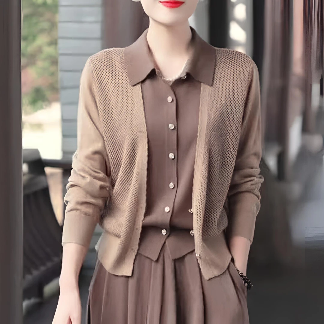 假两件开衫翻领长袖针织衫女秋冬新款宽松显瘦气质外套时尚上衣