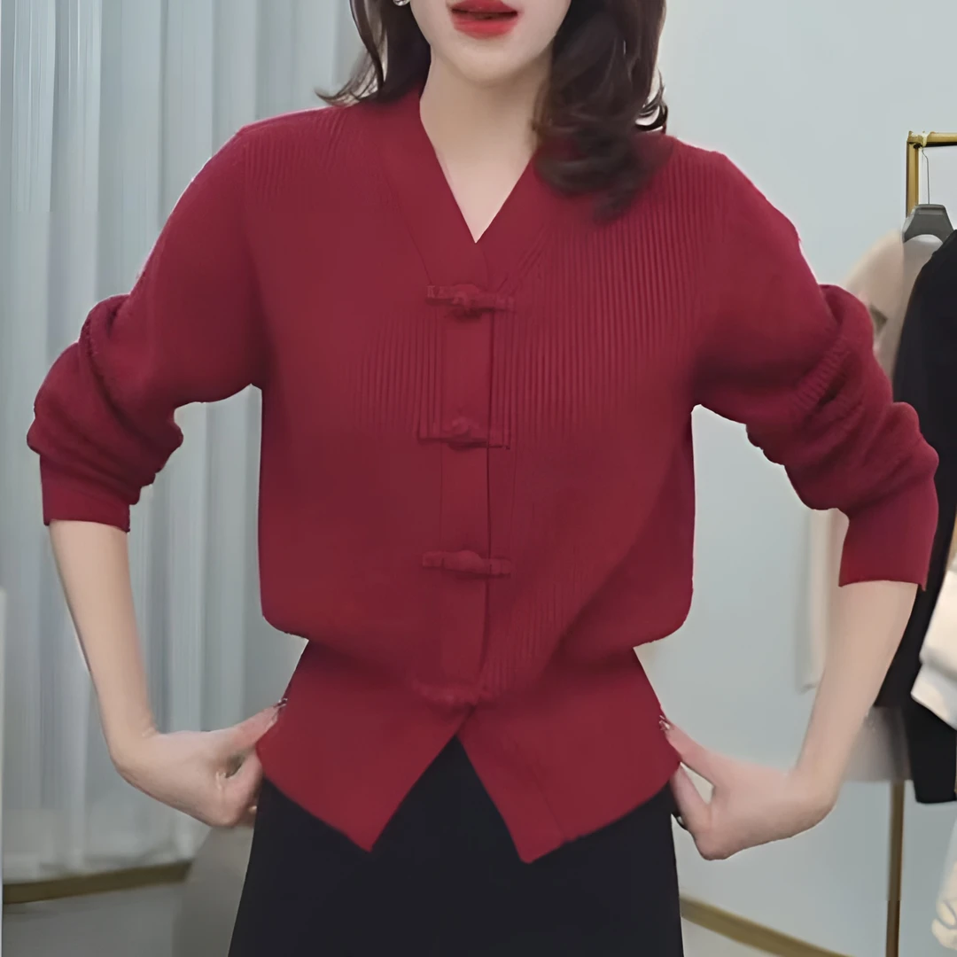 2025秋冬新中式盘扣中国风V领毛衣女复古气质针织衫开衫打底衫红
