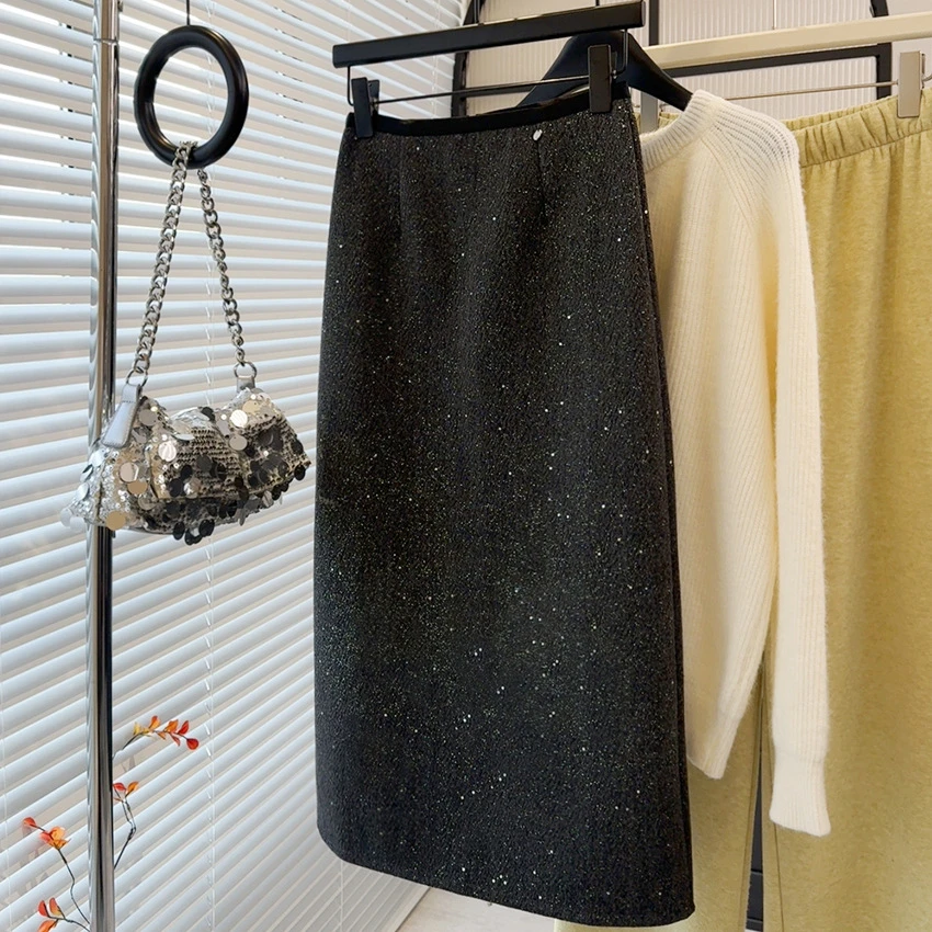 闪闪星空毛呢高腰显瘦气质后开叉半身裙女中长款直筒包臀裙秋冬季