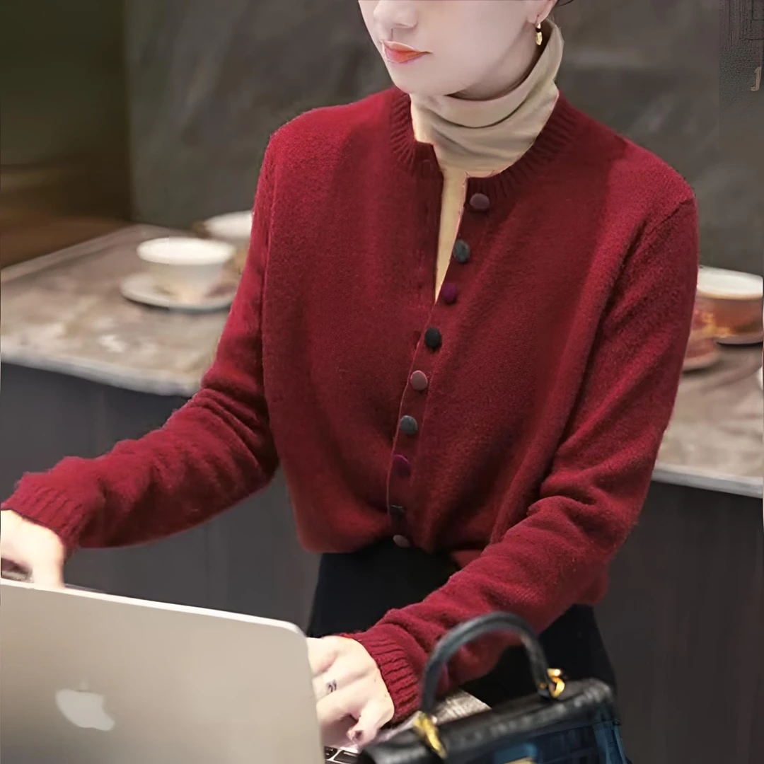 彩扣圆领开衫毛衣女针织衫长袖秋冬新款宽松显瘦短款外套上衣X106