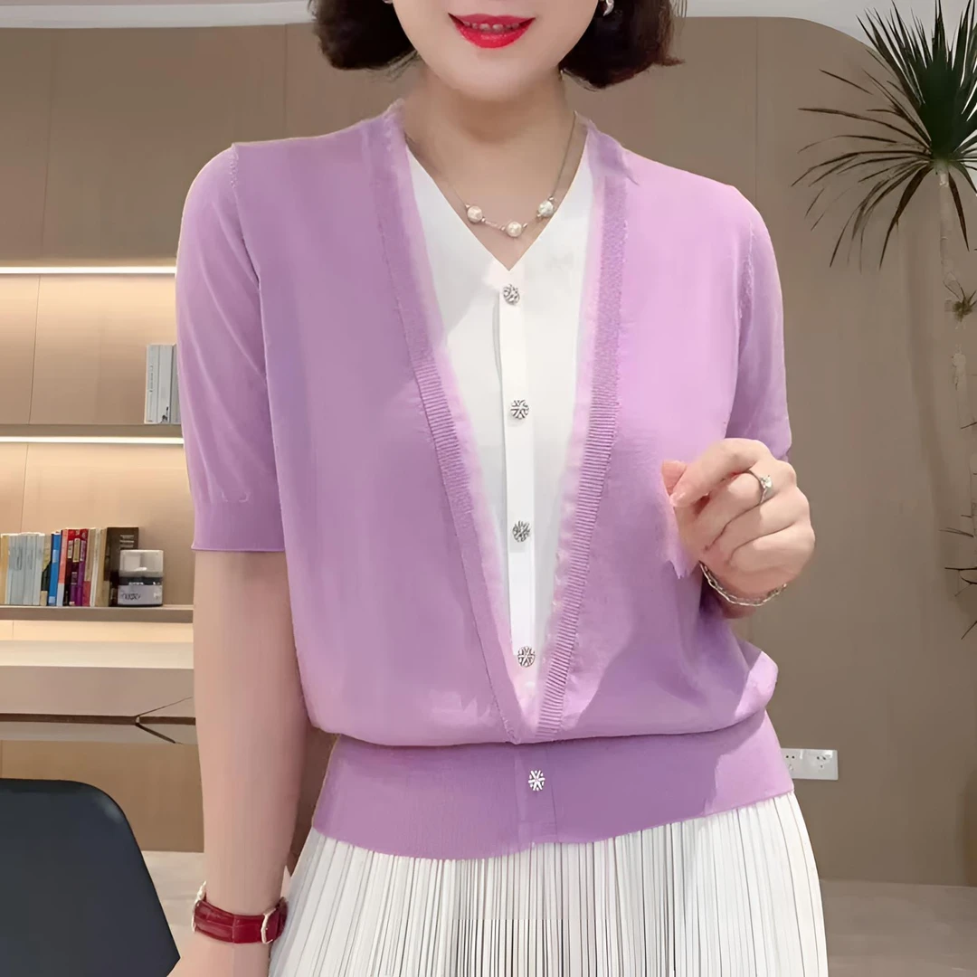 夏蕾丝花边V领假两件针织衫女短袖时尚减龄宽松显瘦上衣气质百搭