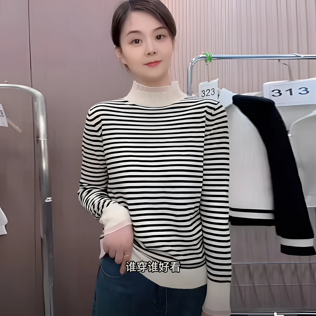木耳边半高领条纹针织衫毛衣女小香风打底衫内搭时尚洋气秋冬百搭