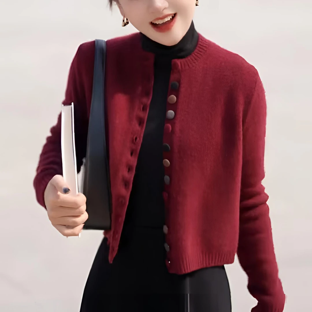 彩扣圆领开衫针织衫毛衣女外套春秋气质宽松显瘦红色外穿上衣X106