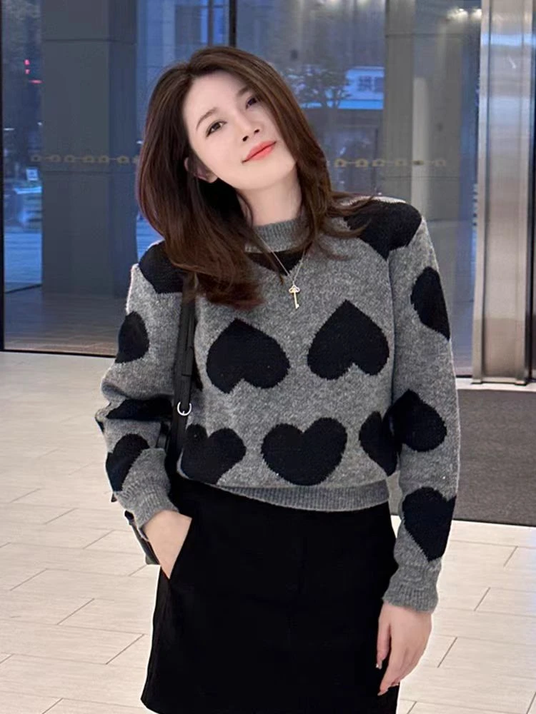 春秋冬爱心圆领毛衣女加厚套头宽松显瘦慵懒风针织衫温暖内搭时尚