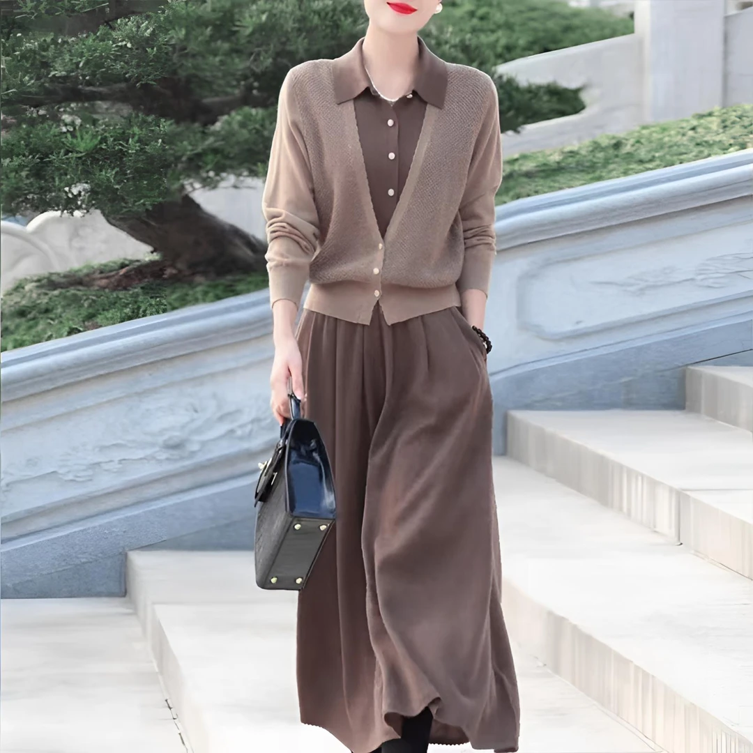 假两件开衫翻领长袖针织衫女秋冬新款宽松显瘦上衣高腰垂感半身裙