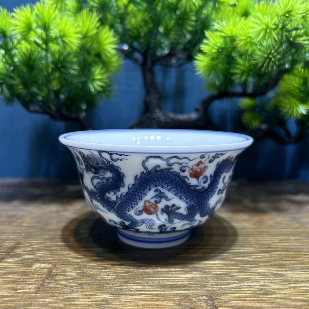 景德镇陶瓷茶器单杯柴窑釉下青花龙凤压手主人杯纯手工家用茶具