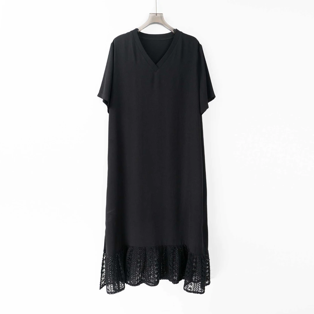 PL240656夏新款宽松大码胖MM女装仿手工钩花面料拼接V领连衣裙