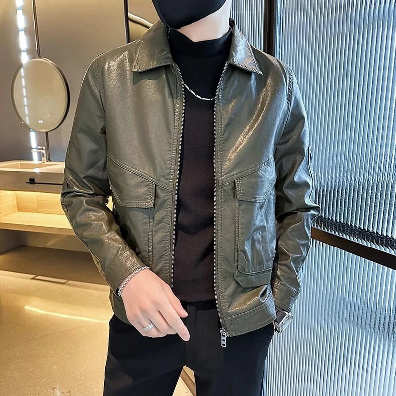 2024爆款男士翻领皮衣外套韩版潮流修身百搭帅气机车皮夹克潮389