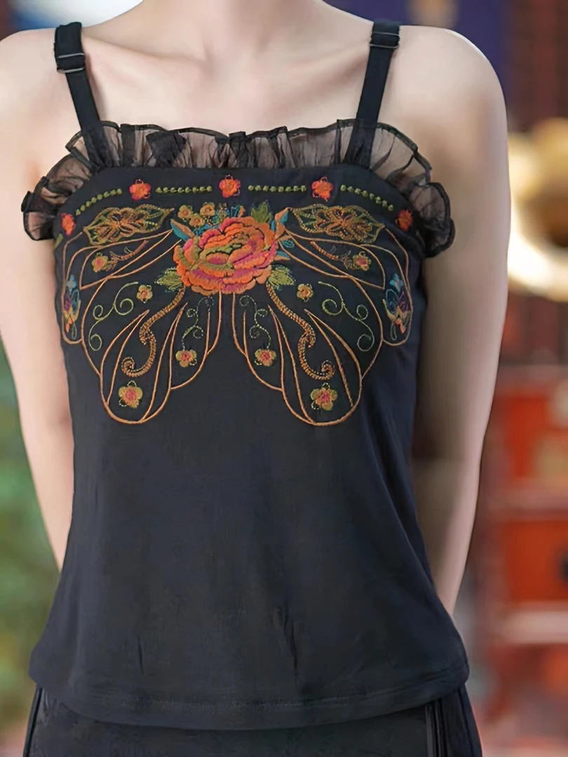 2023新款文艺复古重工刺绣亲肤柔软优雅百搭民族风黑色吊带背心