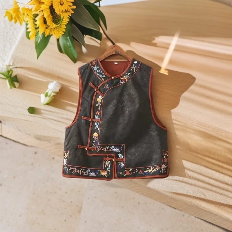 2024新中式国风V领斜襟盘扣复古刺绣提花显瘦百搭唐装马夹