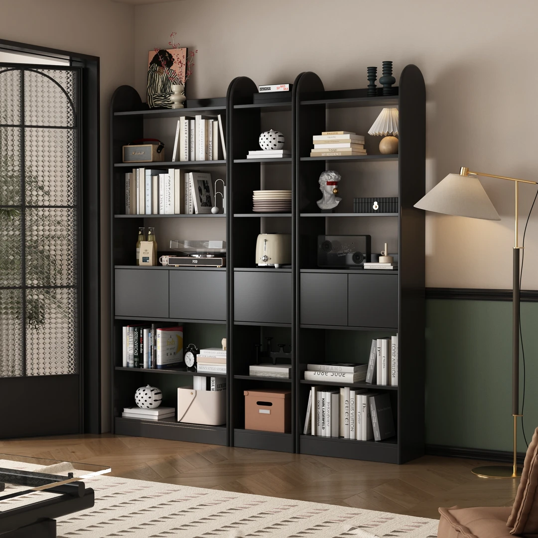 霖越实木整墙书柜复古简约南洋风自由组合书架展示柜落地满墙架子