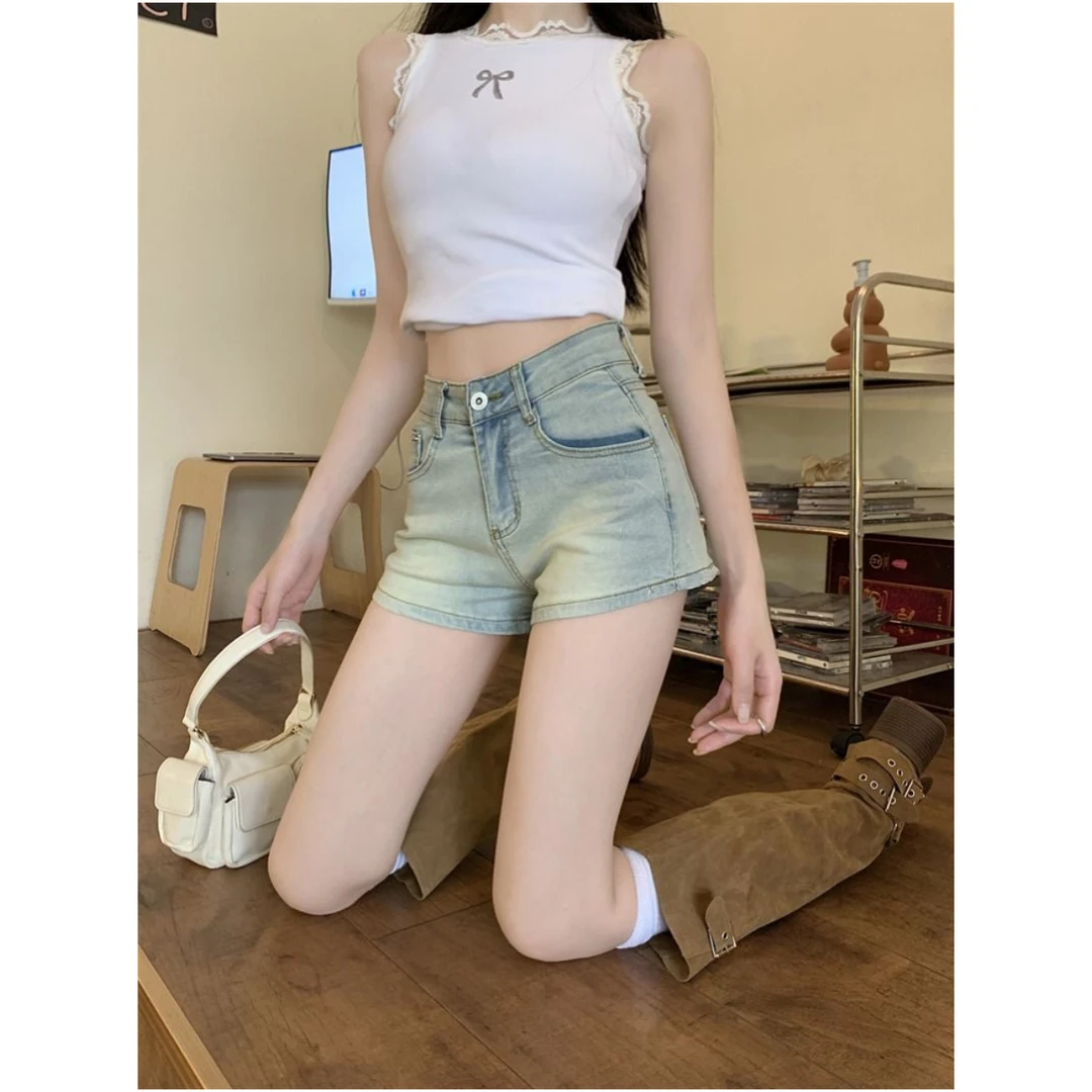 美式辣妹直筒牛仔短款女夏季小个子显瘦包臀裤子百搭高腰a字热裤