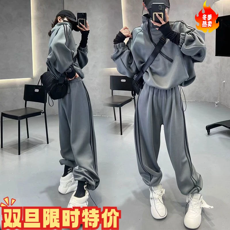 秋冬韩版三道杠斜拉链高领卫衣卫裤加绒加厚两件套休闲运动套装女