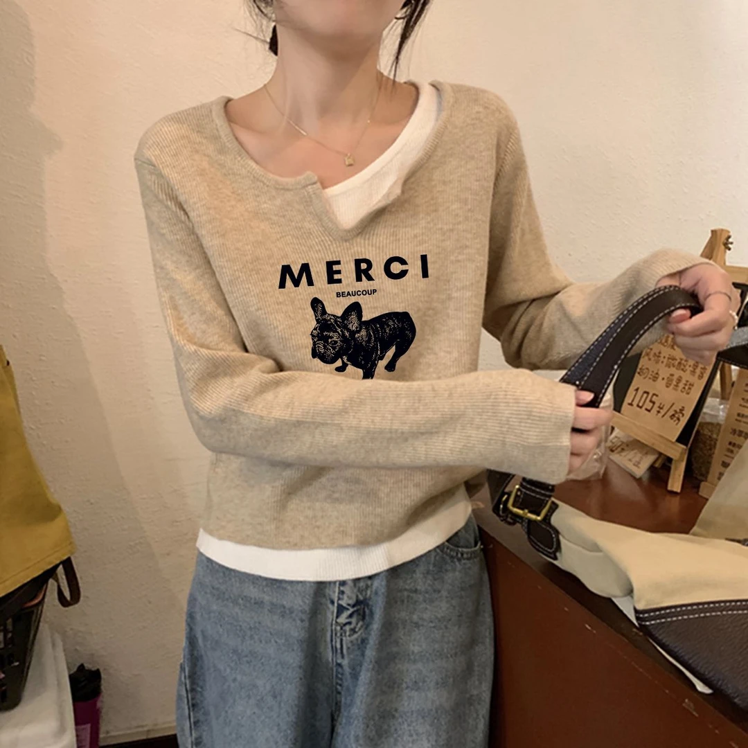假两件针织衫毛衣女春秋冬季打底衫小狗露锁骨软糯内搭上衣ins潮