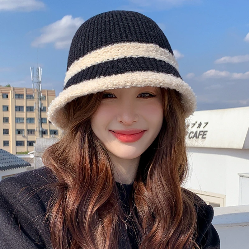 羊羔毛绒渔夫帽女秋冬显脸小百搭拼色针织水桶帽保暖毛线盆帽日系