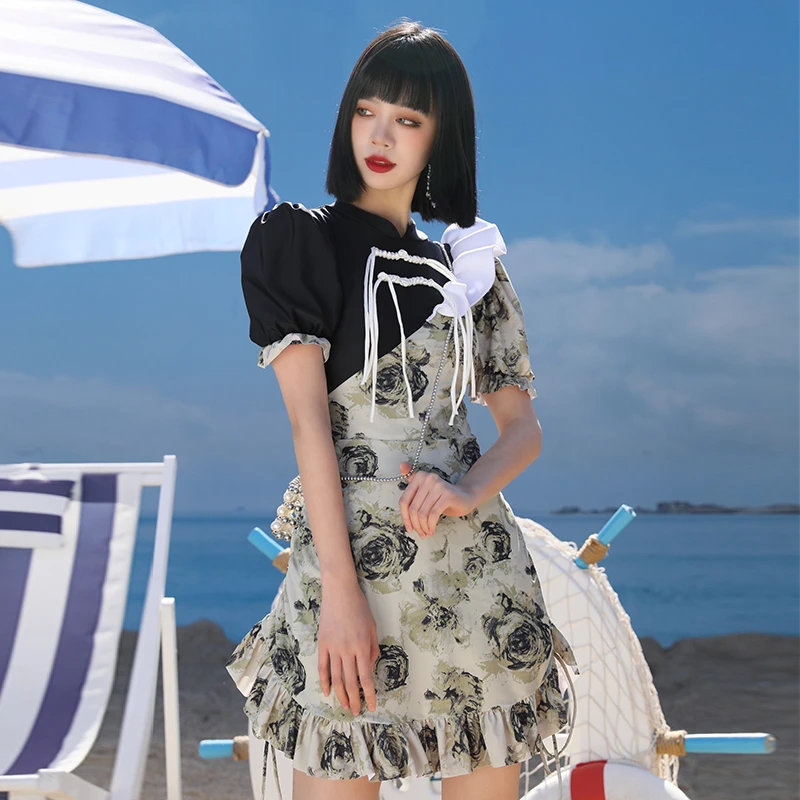 许开心【国风旗袍】夏季显瘦平角气质甜美时尚设计感泡泡袖泳衣2023