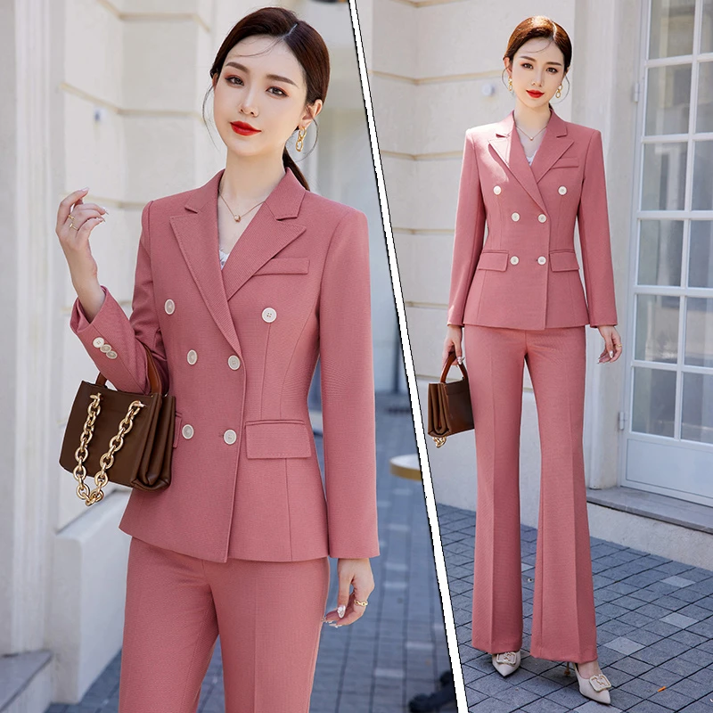 89127高端双排扣西装套装女春秋款气质修身主持人正装西服两件套