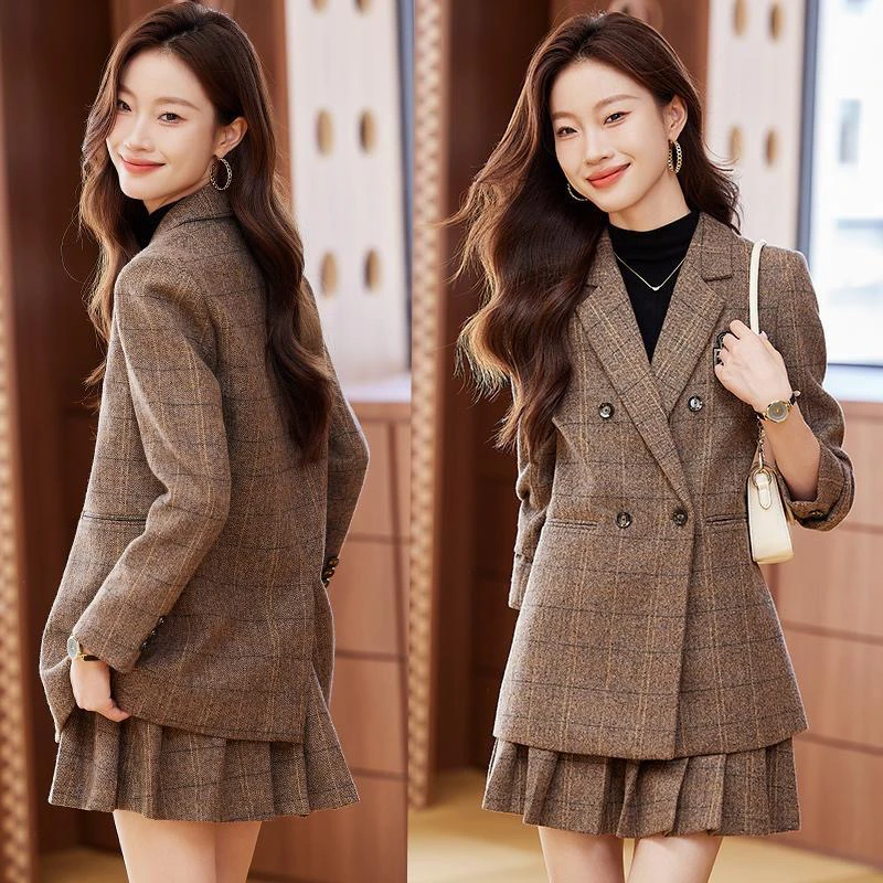 学院风西装套裙女2024新款秋装时尚减龄气质休闲西服百褶裙两件套