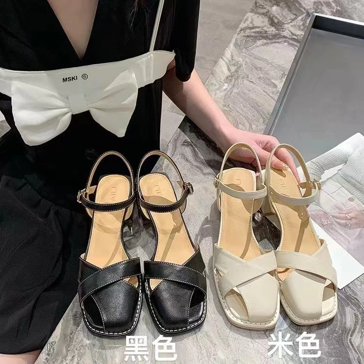 包头凉鞋女森系配裙子2024新款夏季粗跟中跟时尚一字带罗马鞋5518