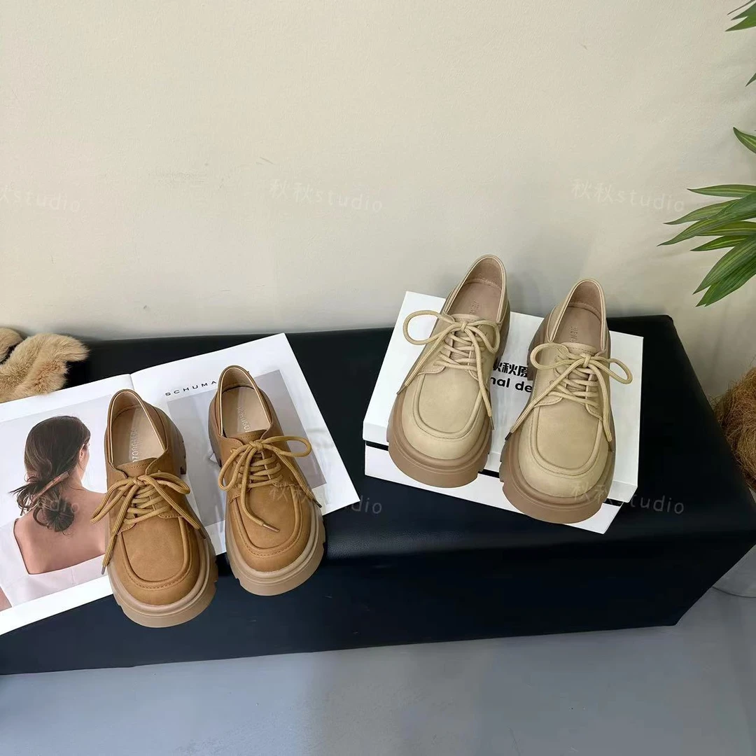 米秋秋2024春季新款厚底增高乐福鞋系带学院风小皮鞋