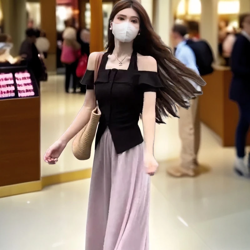 2024夏季新款挂脖一字肩上衣宽松阔腿裤裤裙温柔气质显瘦时尚百搭