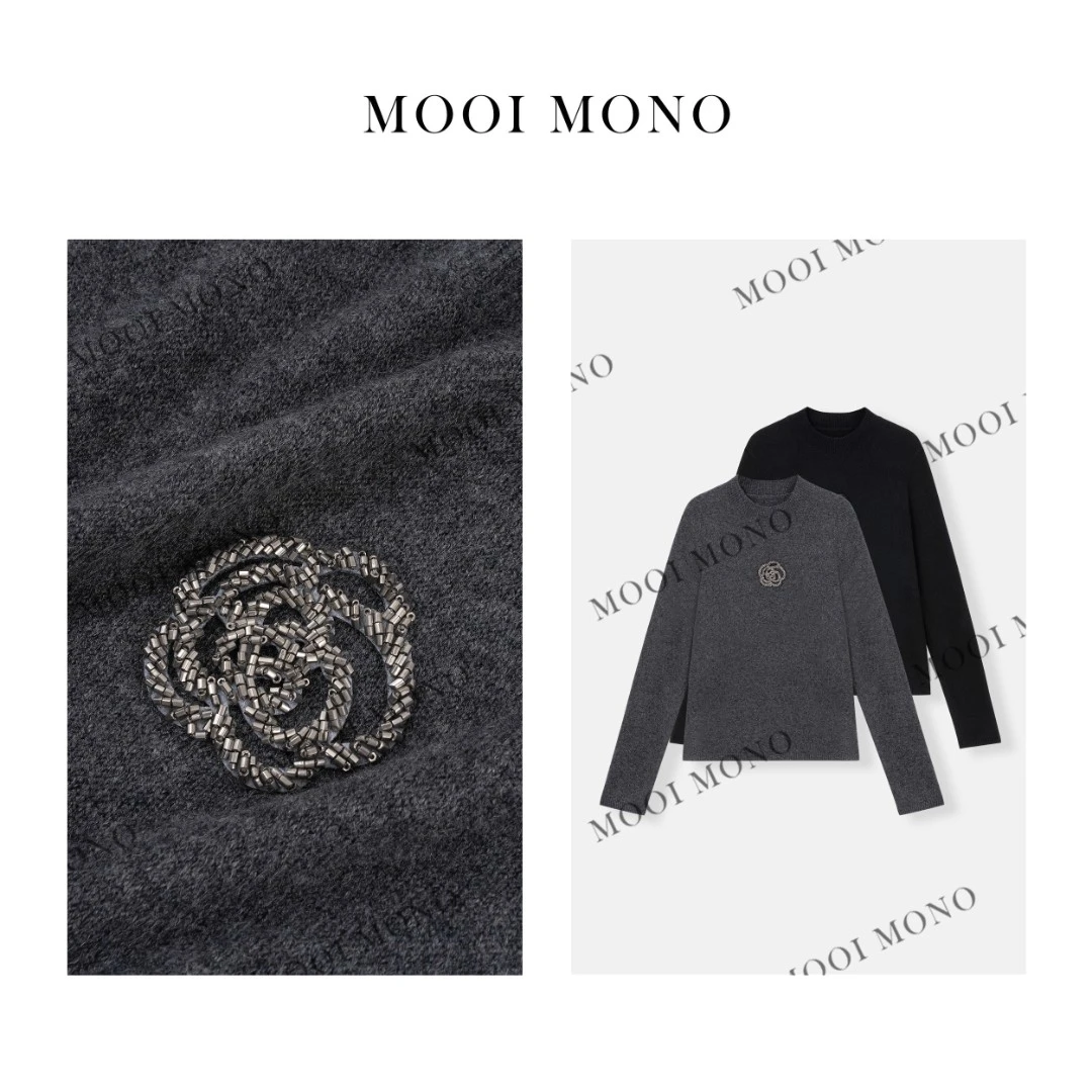 MOOI MONO"暗夜山茶"显瘦钉珠山茶花百搭款圆领套头针织衫M400D44