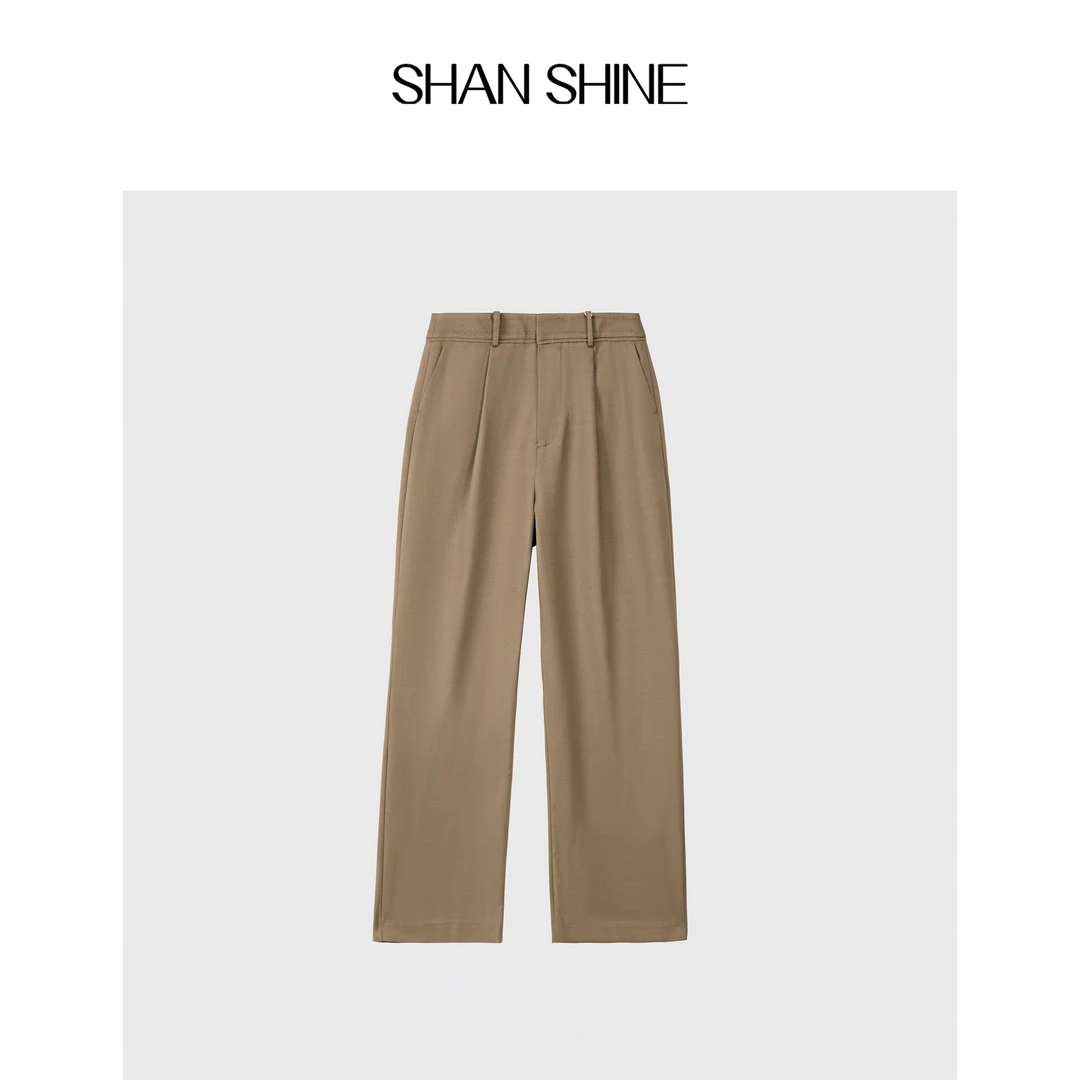MOOI MONO＂琥珀月光＂显瘦卡其色捏褶气质拖地垂感阔腿裤 M39027