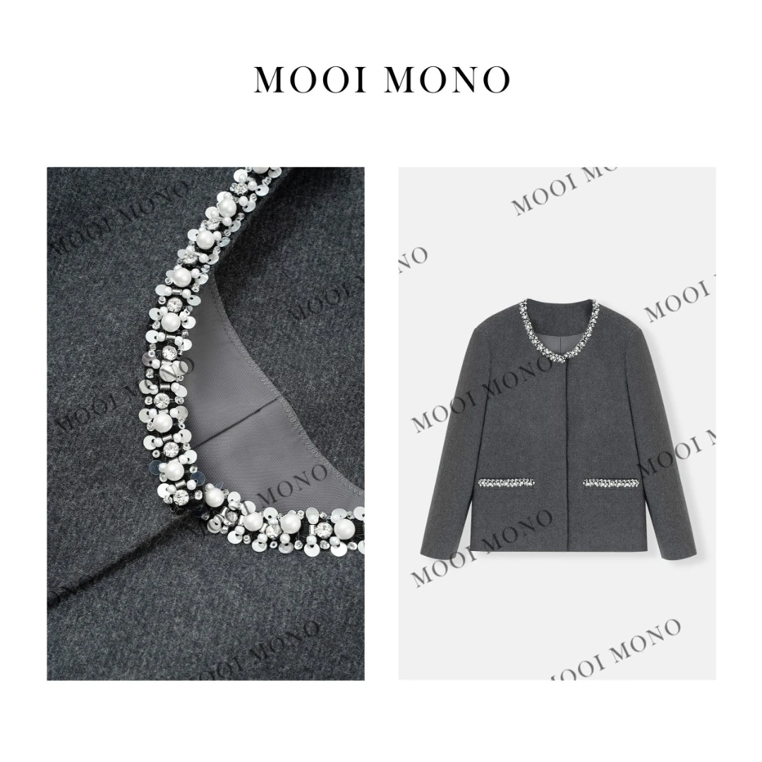 MOOI MONO"纯白珍珠" 显瘦重工镶钻轻奢短款小香风外套 W336A43