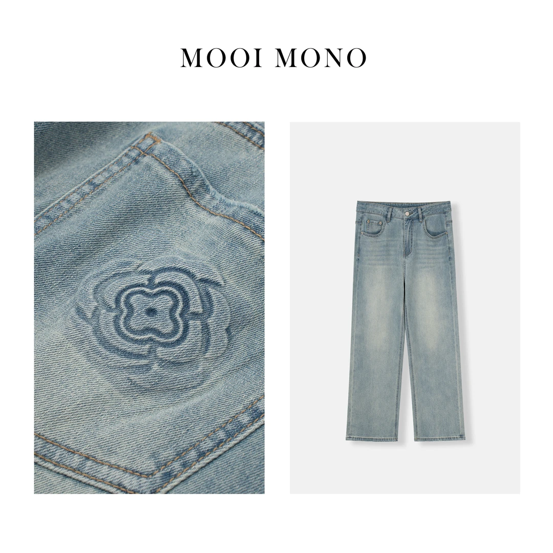 MOOI MONO"山茶蓝雾"显瘦弹力山茶花秋季直筒宽松牛仔裤K039D42