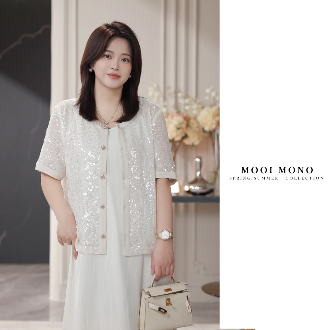 MOOI MONO "霓虹闪烁" 显瘦重工亮片时尚圆领夏季外套上衣L42W295