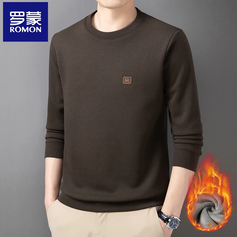 罗蒙秋冬男士圆领卫衣桑蚕丝长袖T恤 保暖加绒加厚套头打底衫上衣