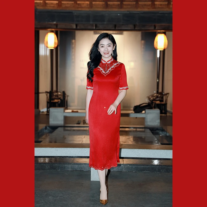 款号11220酒红色连衣裙场合欢聚妈妈高贵上档次女装高档