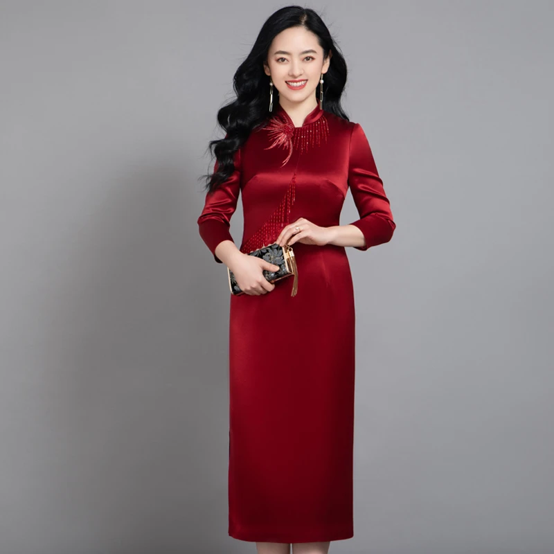 款号10318 流苏新中式改良款红色醋酸连衣裙