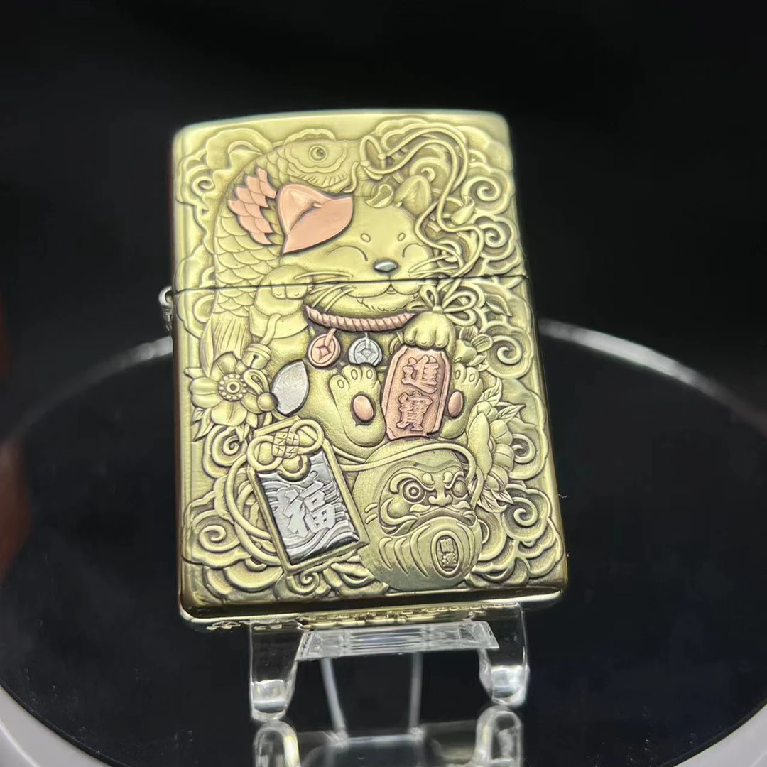 【招财猫】妖月DIY作品—铜盔甲浮雕紫铜镶嵌防风正品打火机个性礼物