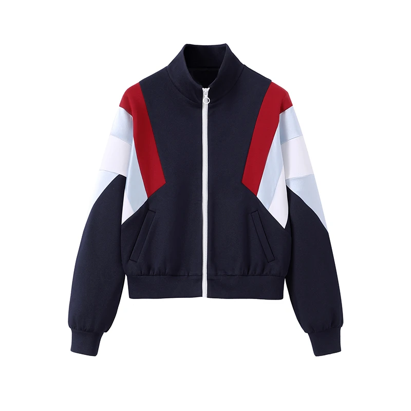 时尚立领减龄拼色夹克2025春季新款针织撞色休闲显瘦上衣女外套