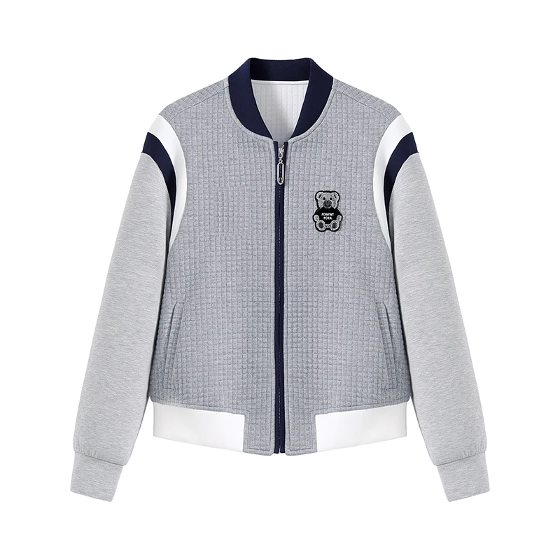 针织运动棒球服2025春季新款撞色拼接休闲显瘦小熊刺绣外套上衣女