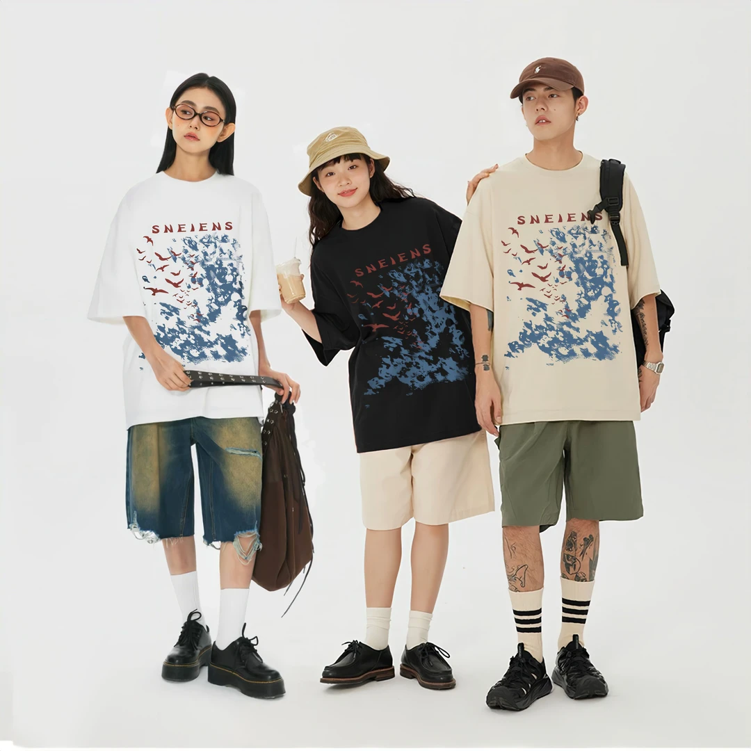 夏季260克重磅纯棉水墨风飞燕丝网印花情侣短袖K3104