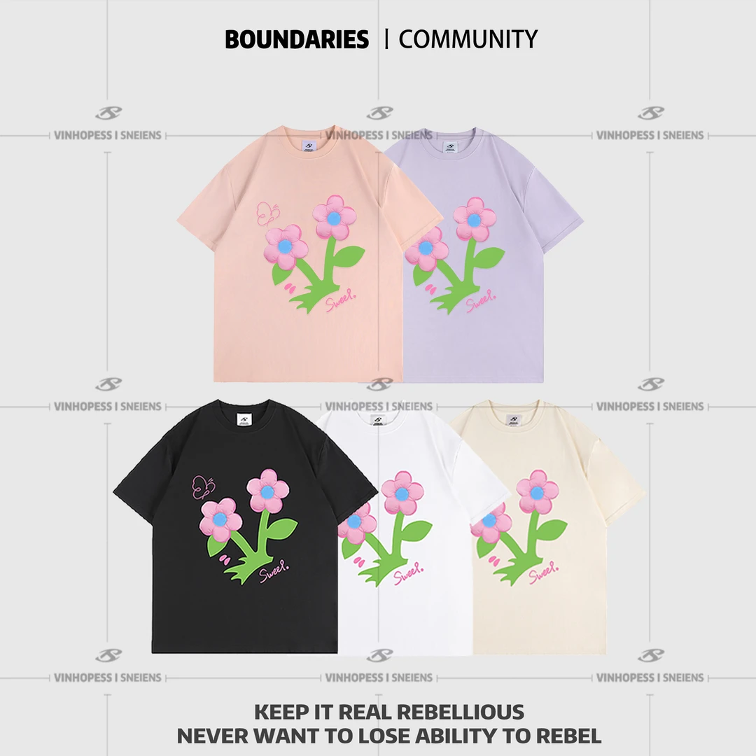 【闪闪专属】夏季260克重磅纯棉立体花朵DIY装饰情侣纯棉短袖K3004