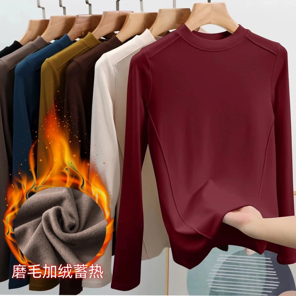 秋冬新款加绒保暖打底衫女磨毛长袖大码鱼骨线内搭安哥拉红上衣