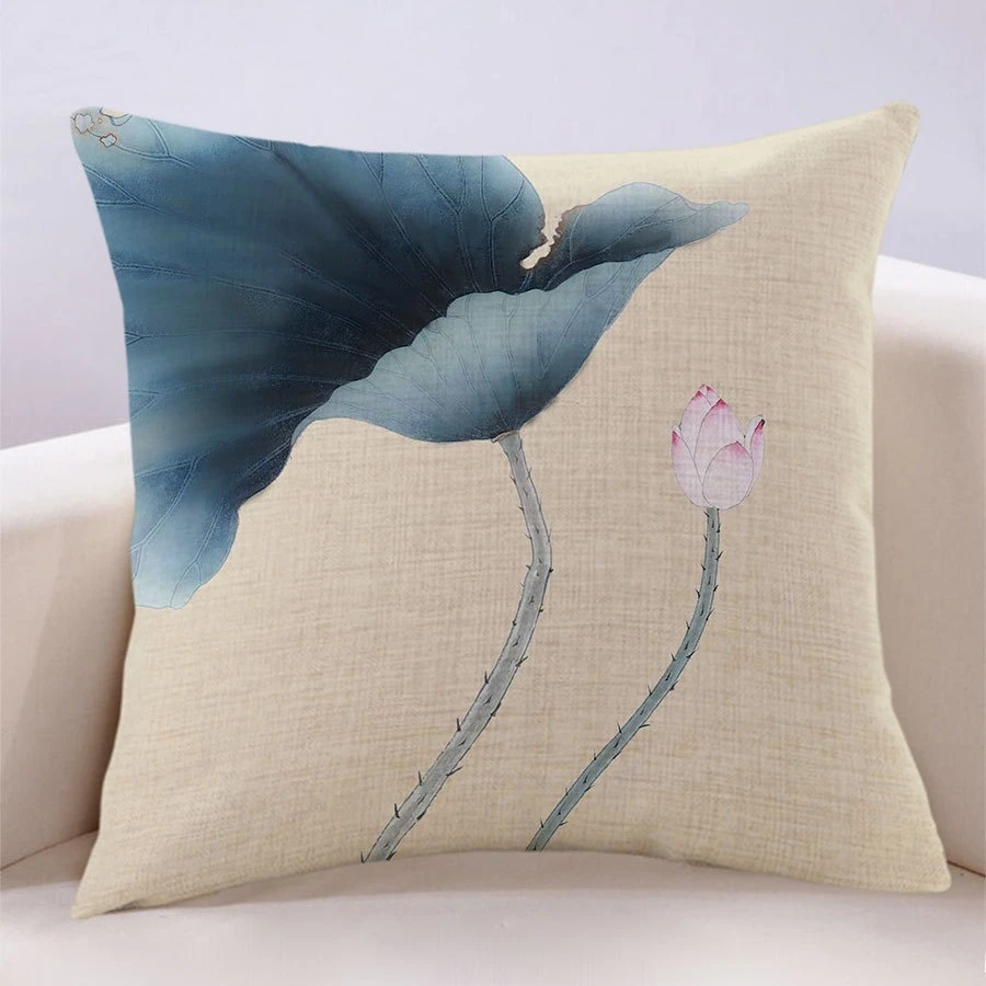 新中式米色荷花艺术卧室客厅沙发靠背枕趴睡枕腰枕可拆含芯抱枕