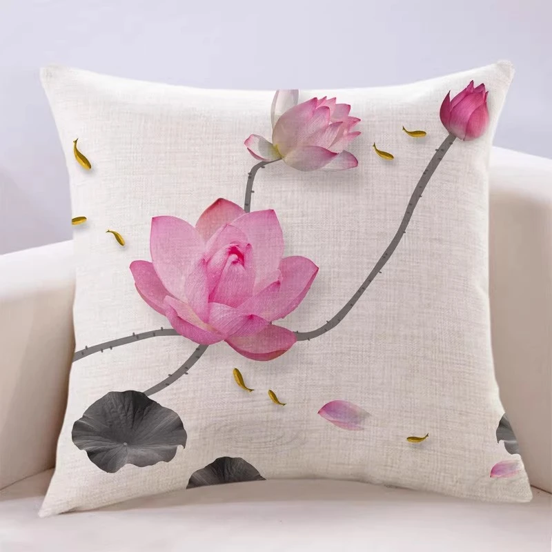 新中式植物立体荷花家用卧室客厅沙发靠彩绘背垫腰枕靠垫含芯抱枕