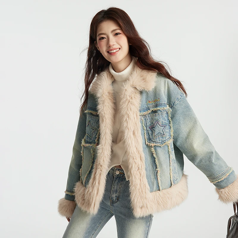 NTOT星星口袋彩线牛仔拼接毛边加厚外套NOTWT23369