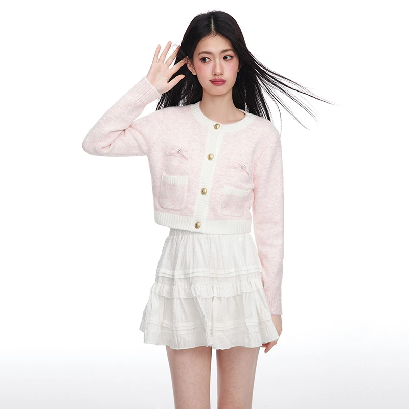 NTOT原创设计小香风蝴蝶结杂色清新甜美长袖NOTWT23217