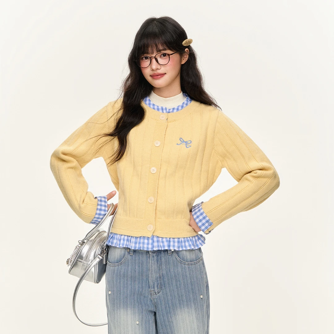 NTOT原创设计新款秋冬季单排扣复古格子拼接假两件毛衣NOTMY24526