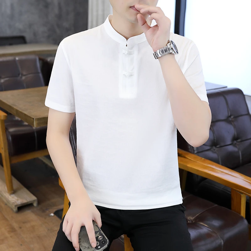 夏季修身男士半袖宽松韩版新中式纯色盘扣短袖薄款立领古风男T恤