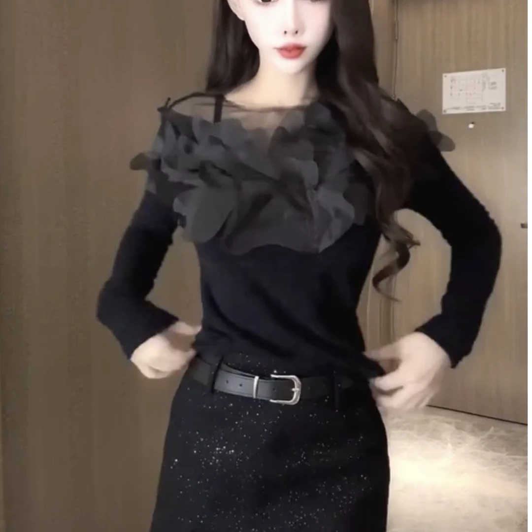 力新款时尚百搭圆领公主菲子边拼接女长袖打底衫